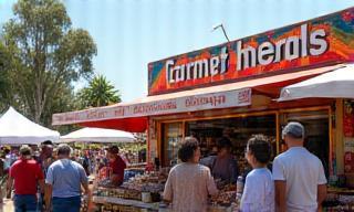 A vibrant scene at the Laverton North Farmers Market with a Warrnambool Dairy Foods stall.
