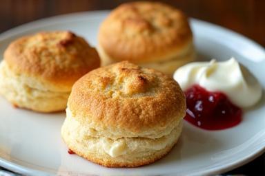 A plate of freshly baked, golden butter scones served with strawberry jam and fresh cream.