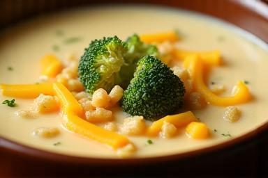 A comforting bowl of creamy cheddar and broccoli soup, garnished with croutons.