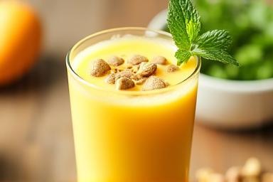 A tall glass of refreshing mango lassi, garnished with a mint sprig and cardamom.